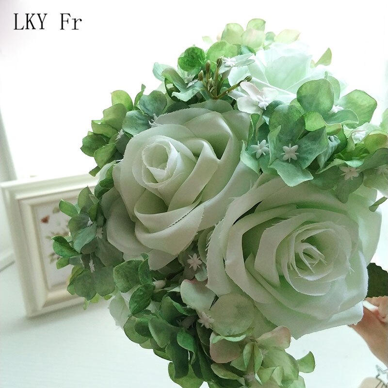 Lky fr bryllupsbukett silke roser brudebukett kunstige blomster bryllupsbuketter til brudepike dekor bryllup tilbehør: Lysegrønn
