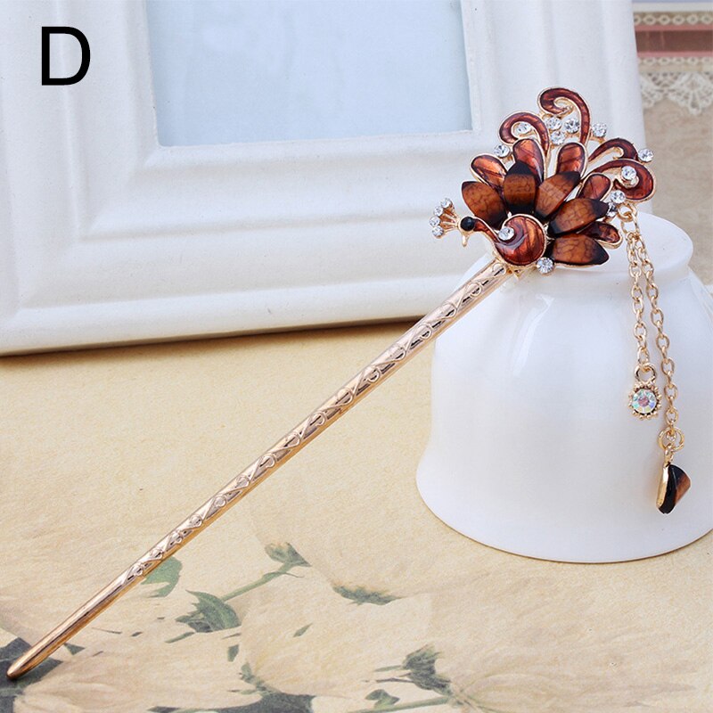 Baton de păr de păun de epocă betisoare în stil chinezesc ace de păr etnice pentru femei agrafe de păr din metal cu strasuri accesoriu de bijuterii: D