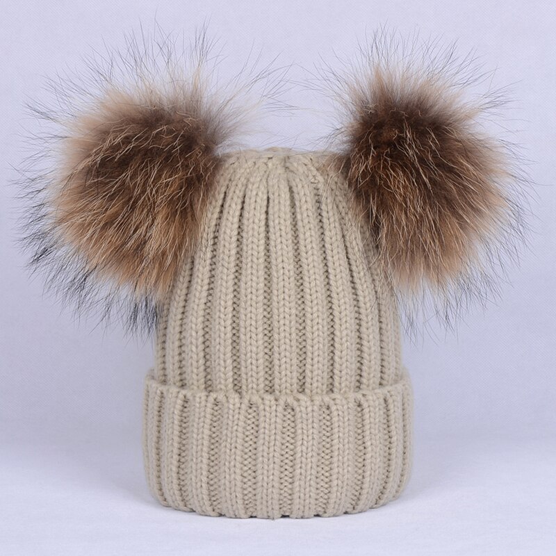 Gorro de dos pompones peludos de invierno para niños, gorro bonito tejido para niñas y niños, gorro cálido de punto para Gorros de bebé, gorro cálido para niños: beige / child size(40-51cm)