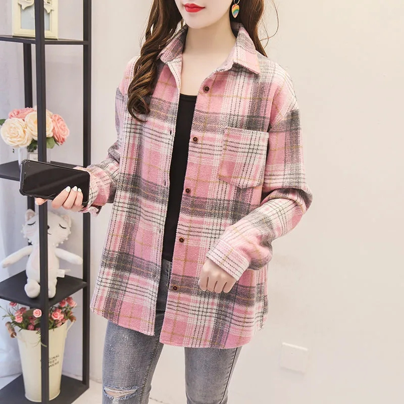 Spring Autumn Female Leisure Long Sleeves Shirt Women Plaid Woolen Cloth Cardigan Blouse Korean Ladies Loose Shirt