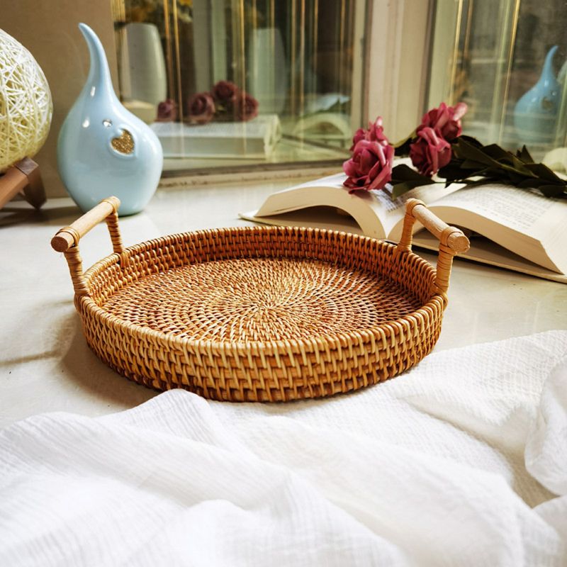 Handgeweven Ronde Rotan Dienblad Met Handgrepen, Cirkel Rotan Rieten Decoratieve Dienbladen, Ronde Rieten Rotan Decoratief Theeblad Voor Ontbijt, Drankjes, Snack, Brood-S