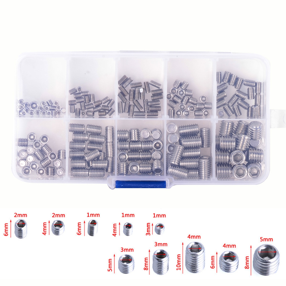 200 stuks roestvrijstalen inbusschroevenset mayitr stelschroeven assortimentset  m3/m4/m5/m6 m8 met doos