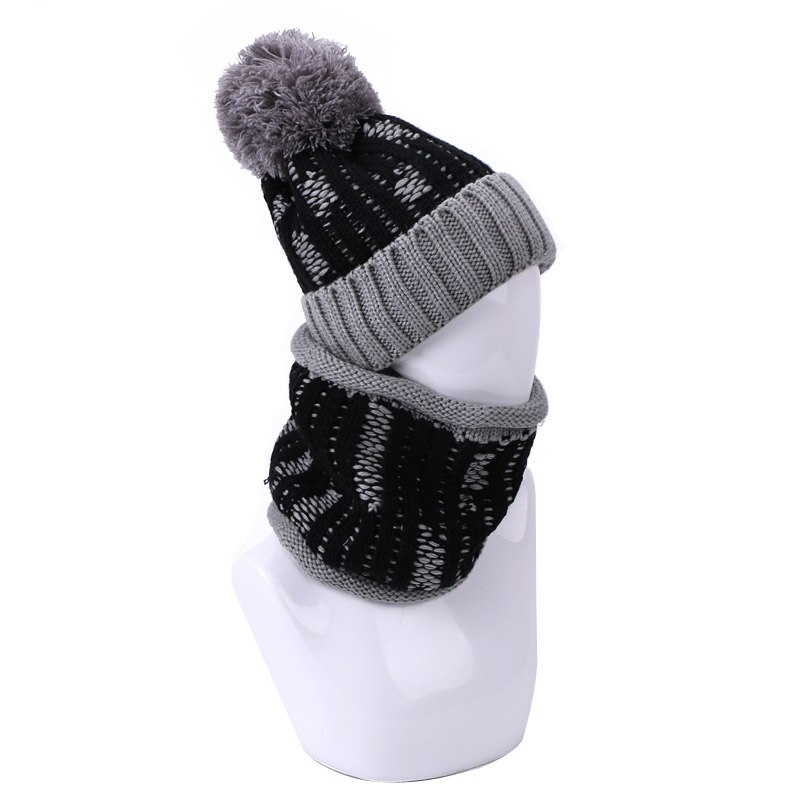 Vinter varm beanie hat tørklæde sæt kvindelige hatte med foring udendørs strik tyk vindtæt kvinder ring tørklæde pompon hat to-delt sæt: C