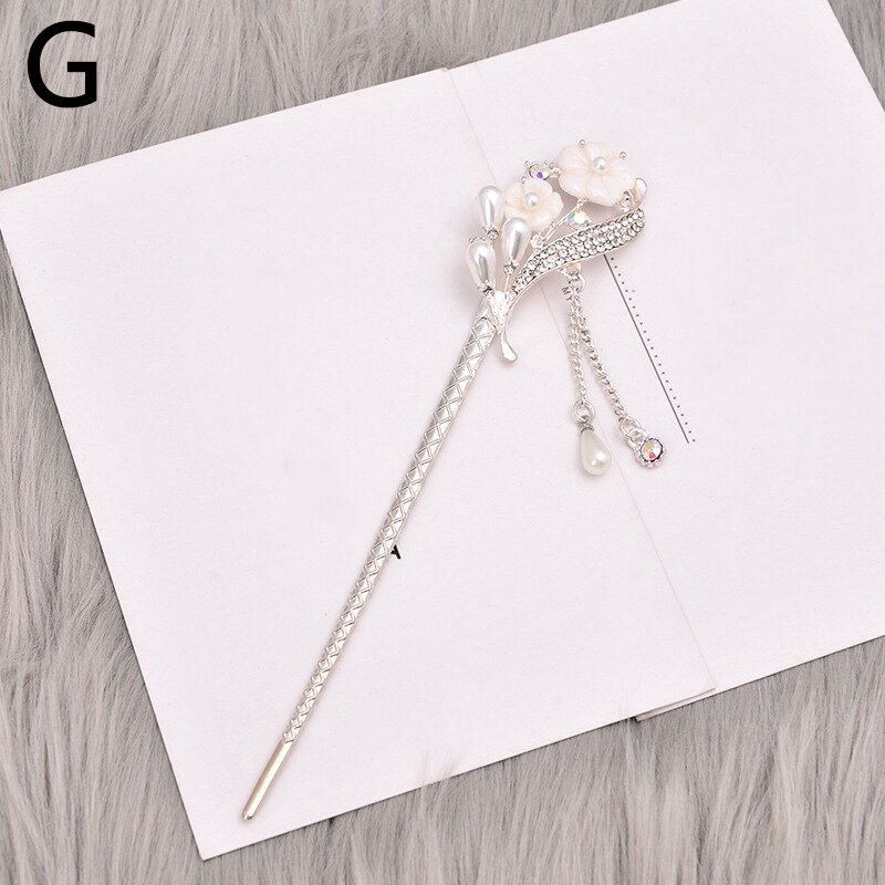 Pałeczki do włosów w stylu chińskim metalowe Rhinestone włosy kij kobiety Tassel kwiat perłowy chluba szpilka akcesoria biżuteria do włosów: G