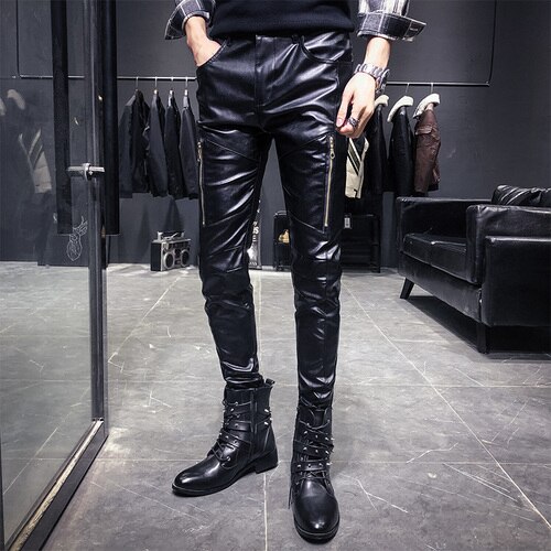 Pantalon en cuir homme | Automne et hiver, pieds Slim, Plus velours épais, coupe-vent , Hip Hop Fan Car, pantalons: 32 / Black regular