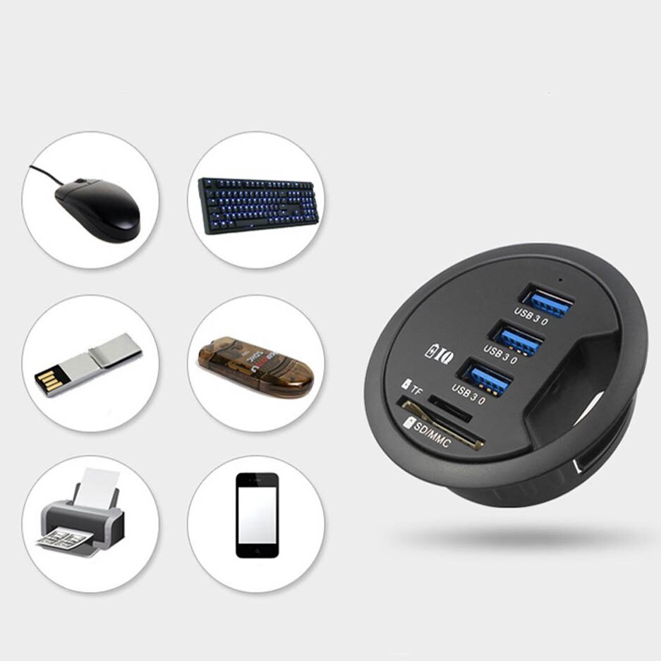 In-Desk USB Hub 3 Port USB 3.0 Charger Data Read / Charge Combo In-Desk Hub with 2 Slot SD / Micro-SD Card Reader &amp;AC/DC Adapter