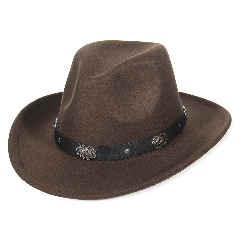 mujeres hombres sombreros de fieltro sombrero de vaquero occidental señora Sombrero Hombre pieza de Metal decoración vaquera Jazz gorras de sol tamaño 57CM: YELLOW