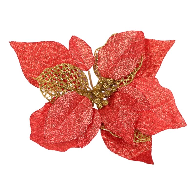 15 sztuk sztuczne świąteczne kwiaty dekoracje bożonarodzeniowe ozdoby choinkowe brokatowe złote/srebrny z klipsami upuszczać statek