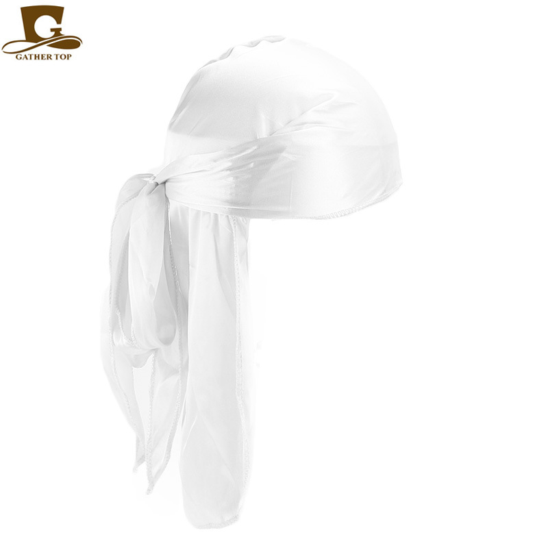 Silke stof stretched cap hip hop pirat bandanas du doo rag durag ensfarvet hat binde hale til kvinder mænd: Hvid