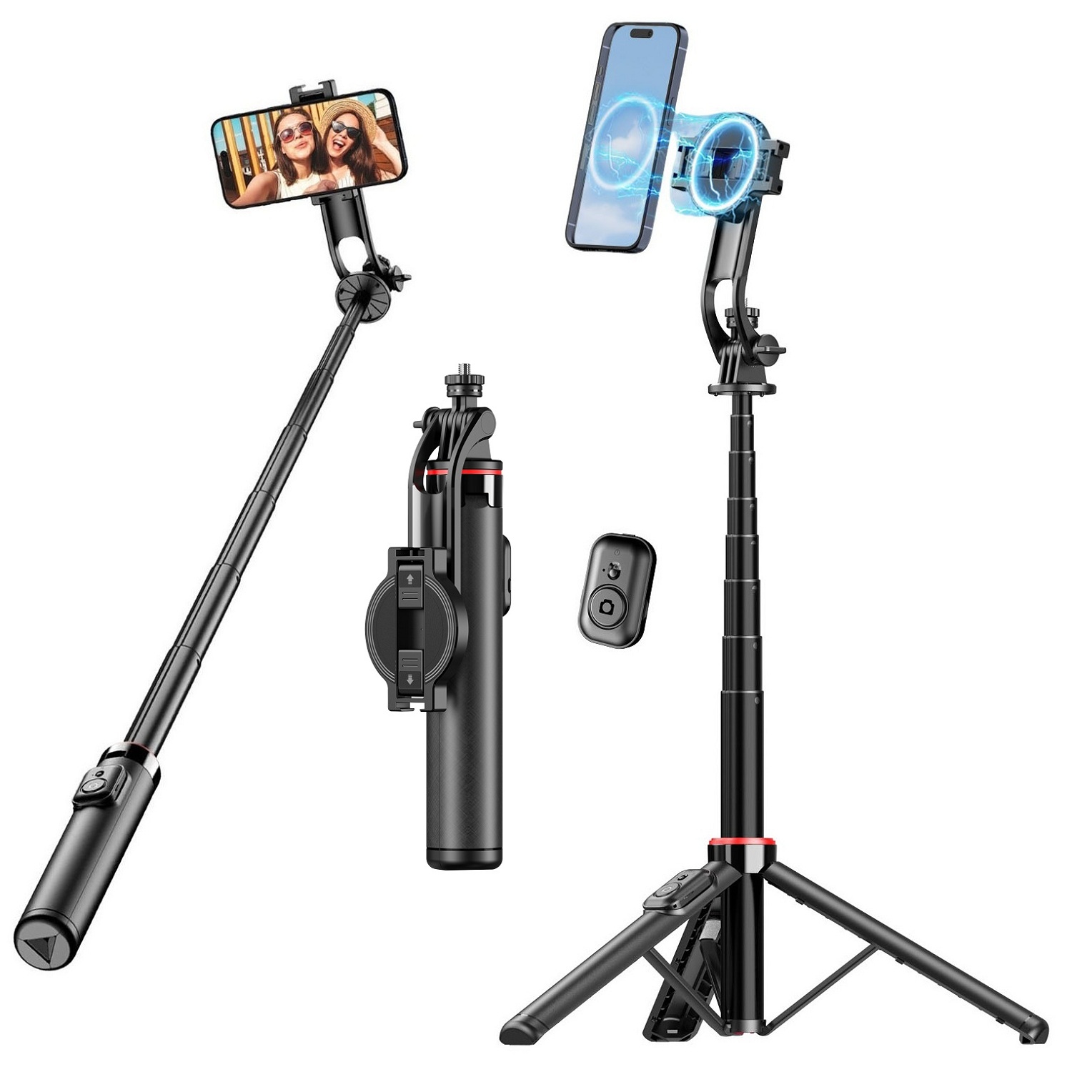 Magnetisch Selfie Stick-statief voor iPhone, 51" telefoonstatief compatibel met Magsafe reisstatief voor iPhone Android-telefoons