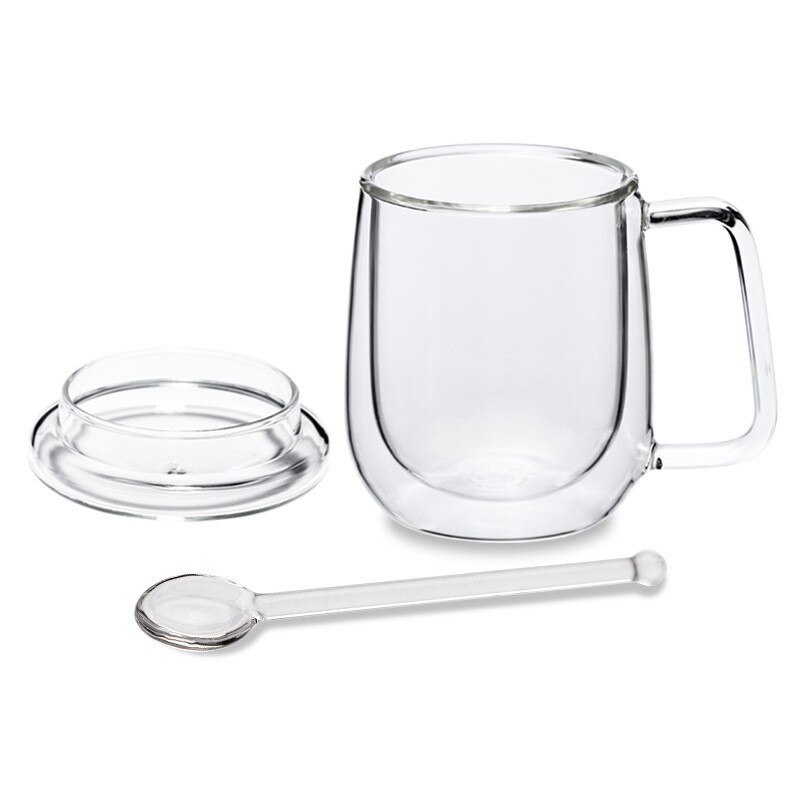 Double Wall Glass Insulated Coffee Mugs Tea Cup Thermo Drinking Glasses Verre Double Paroi Theeglas with Handle for Home Office: Cup W spoon W Lid