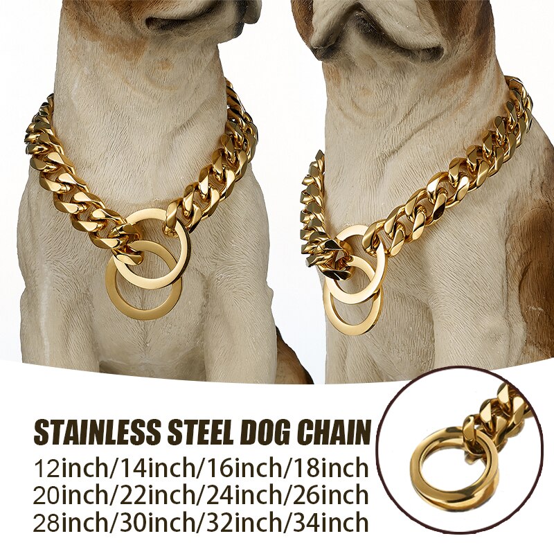 Gold Dog Collar Cuban Link 15mm Width Thick Golden Chain Dog Cat Pets Safety Collar Stainless Steel Pet Dog Accessories