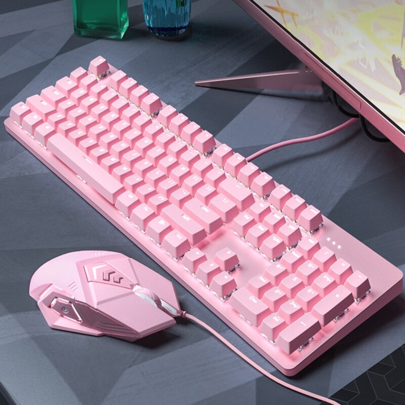 Pink Real Mechanical Keys and Pink Disc Mouse Set Cute Girls E-Sports Game for PC/Laptop/MAC