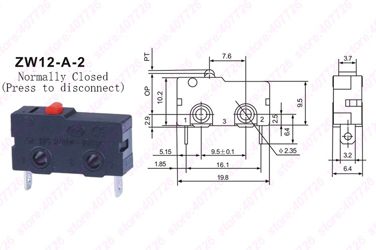 Micro interrupteur 10mm x 20mm 5 pièces/lot | 3 broches/2 broches 5A 250VAC série ZW12, interrupteur Tact allumé: ZW12-A-2