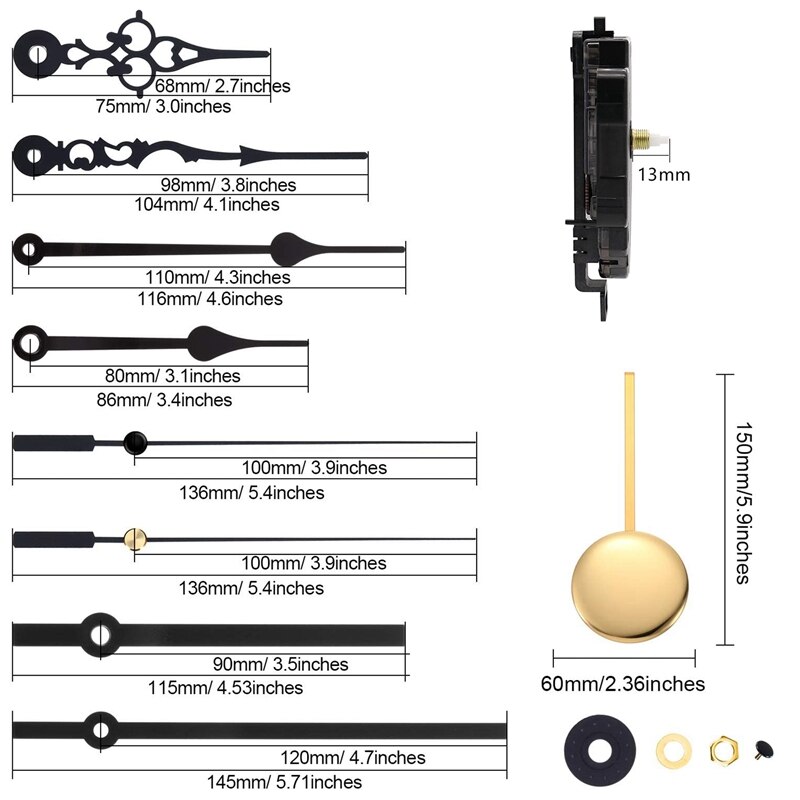 Meccanismo di movimento dell'orologio a pendolo fai-da-te con 3 paia di lancette diverso kit di orologi da parete con albero di riparazione al quarzo