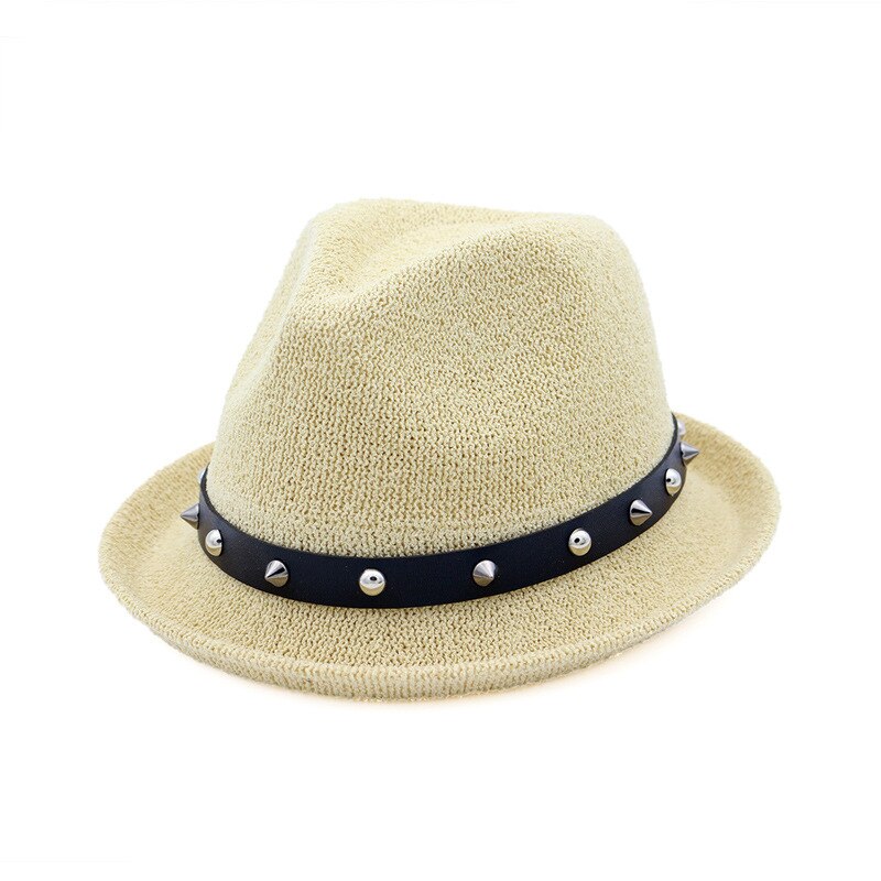 Buttermere fedora hoed dames klinknagel effen beige trilby hoed jazz hoed casual lus garen zomer herfst vrouwelijke punk rock pet: Beige