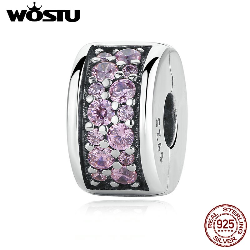 WOSTU 100% 925 Sterling Silver Shining Elegance Clip Charm With Pink CZ Fit Original wst Bracelet Pendant Authentic Jewelry