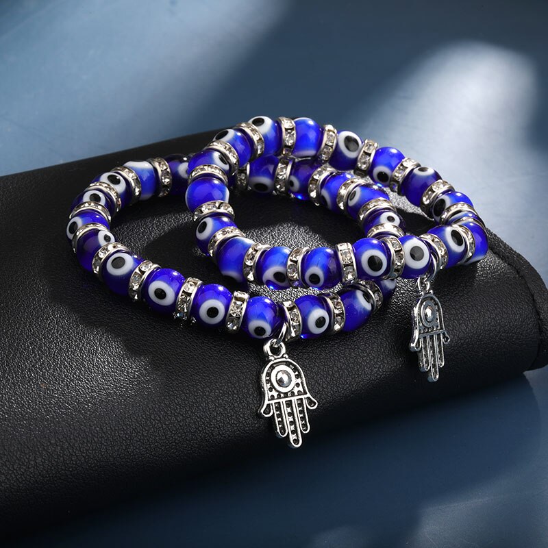 Mode Zilveren Kleur Evil Armband Blue Eye Armbanden Hamsa Hand Voor Vrouwen Bead Charm Armband Etnische Stijl Handgemaakte Sieraden