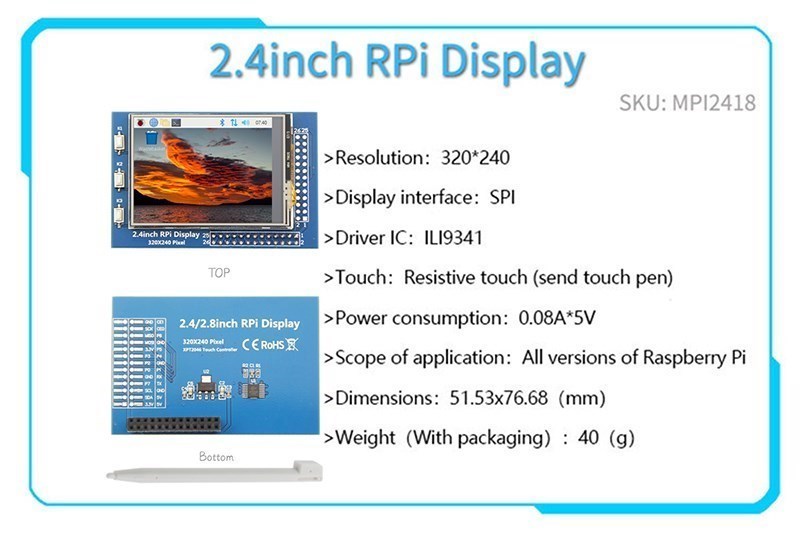  2.4/2.8/3.2/3.5/5/7/10.1 inch touch LCD Display Module Support for Raspberry Pi 3B+ 4 B: Cyan