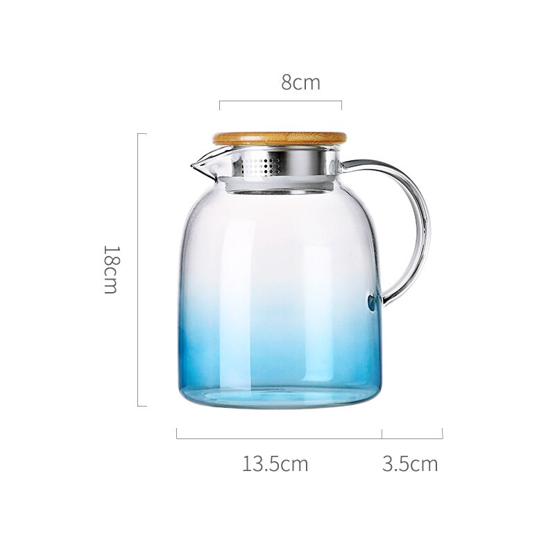 Pichet en verre Pot d'eau résistant à la chaleur cruche d'eau bouilloire couvercle en bambou pour l'eau bouillante thé jus de fruits cruche en verre: 1600ML Blue