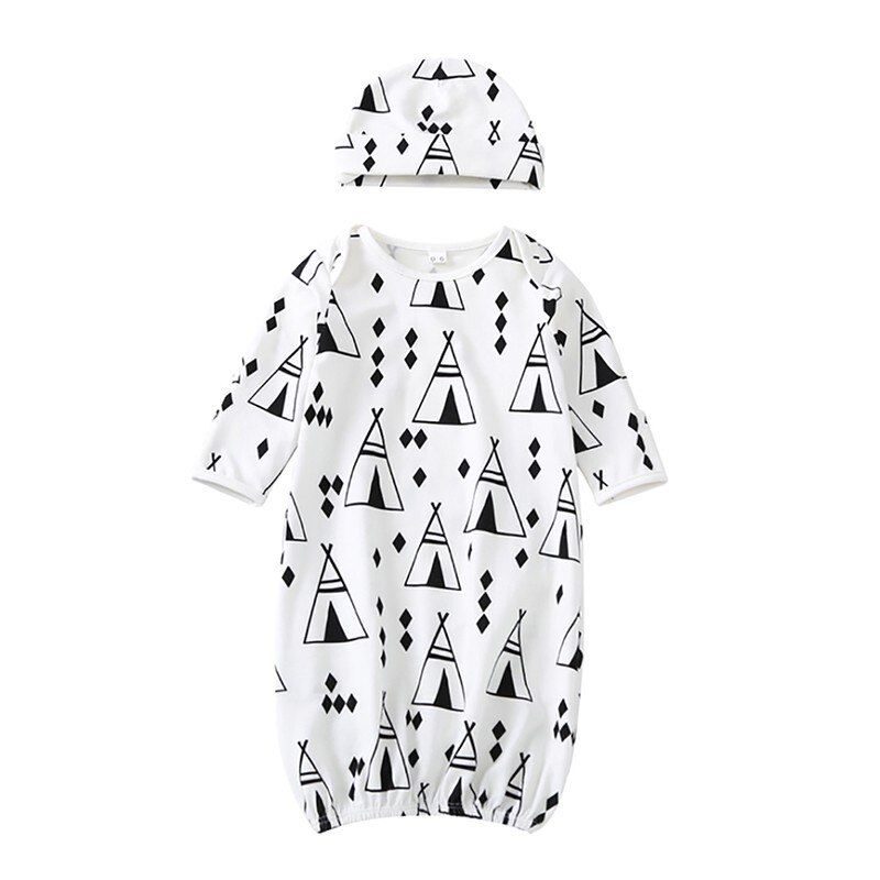 Spring Autumn Cotton Casual Baby Pajamas Sets Long Sleeve Print Infant Baby Nightclothes Night Gown + Hat 2Pcs Sleepwears: B / 6M