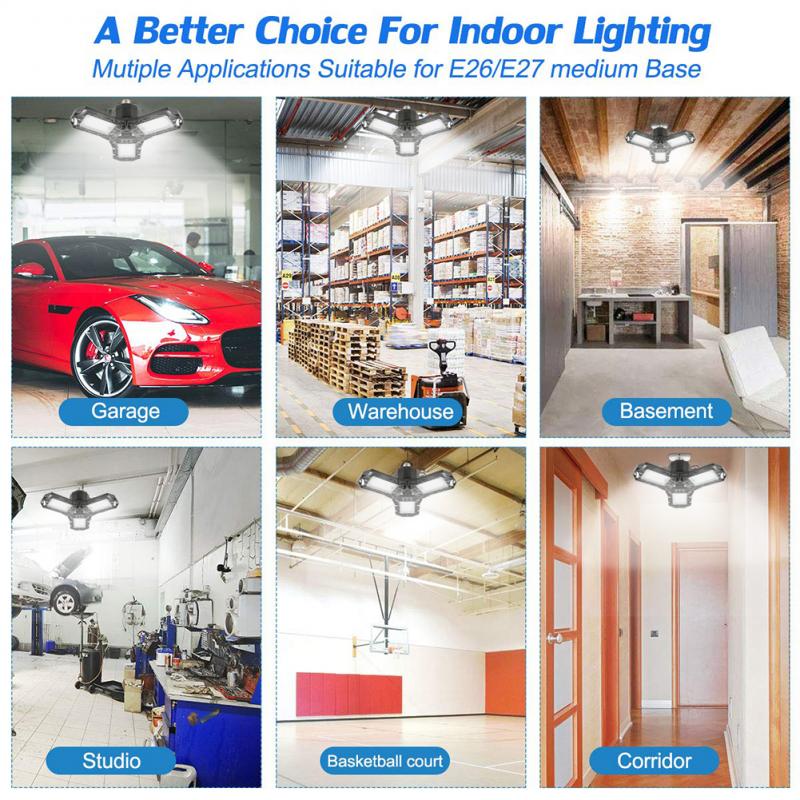 1Pcs 360 Degrees LED Garage Light Indoor Deformable Ceiling Lamp Garage Workshop Football Field High Bay Light
