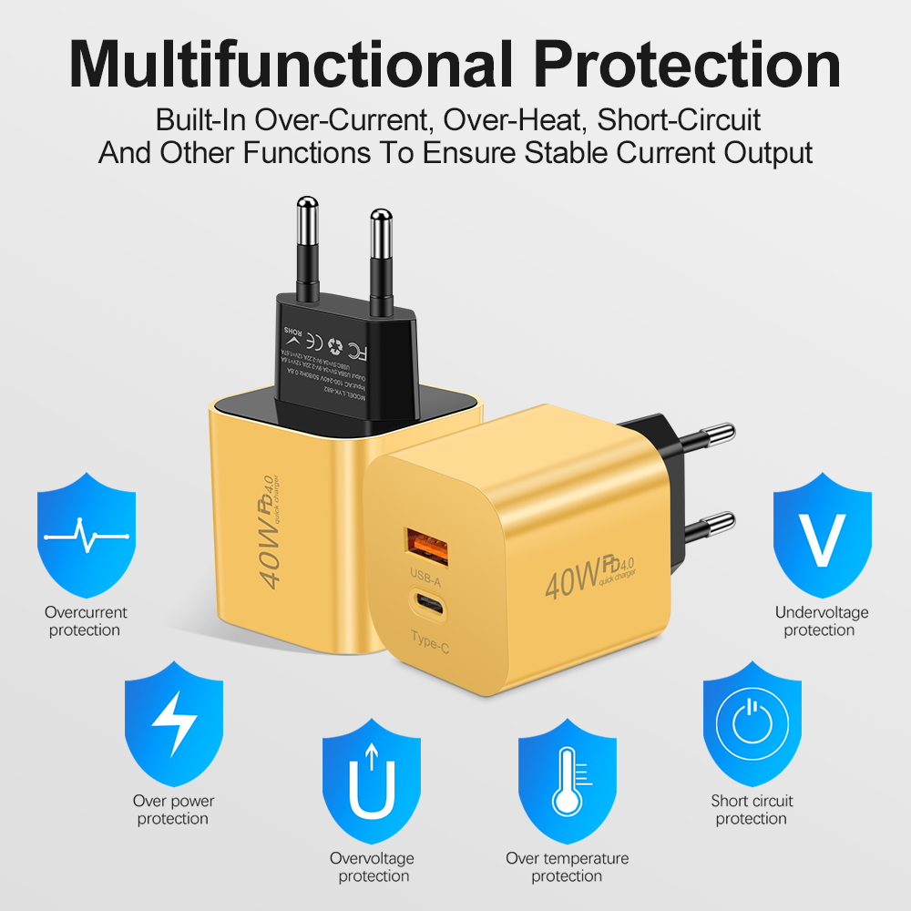 Cargador rápido PD de 40W, adaptador de carga USB C para teléfono móvil, enchufe UE/EE. UU., cargador de pared QC 3,0 para iPhone 15, Huawei y Xiaomi
