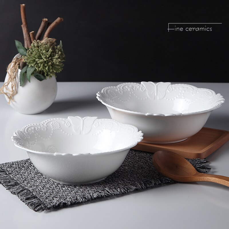 9inch, white embossed porcelain soup dinner serving bowl. ceramic mixing bowls for baking, butterfly , kitchen cooking