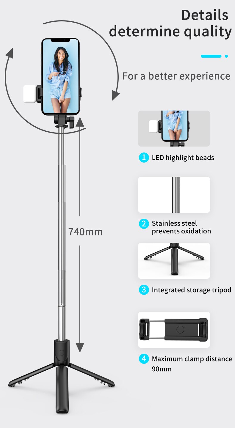 Wireless bluetooth selfie stick foldable mini tripod with fill light shutter remote control Self-Timer Rod Stick