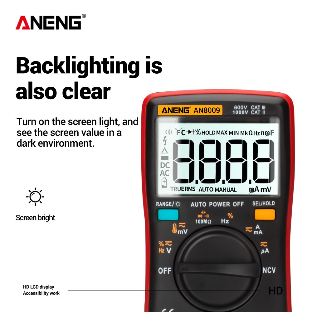 Aneng AN8009 Digitale Multimeter 9999 Count True-Rms Auto Range Ncv Ohmmeter Ac/Dc Spanning Ampèremeter Current Meter temperatuur