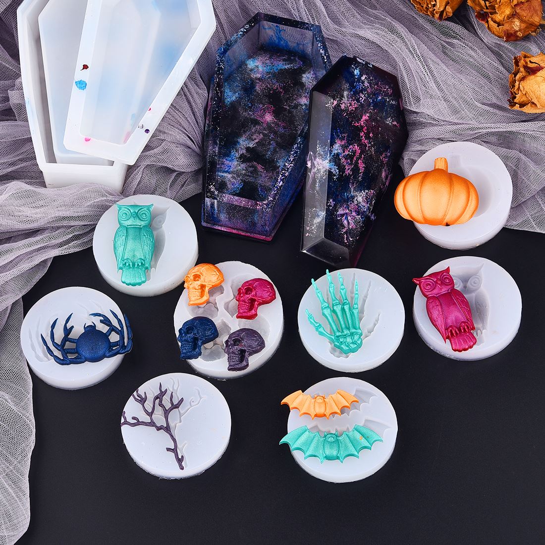 Halloween doodskist pompoen schedel uil vleermuisvorm siliconen mal hars mal epoxy uv hars knutselen doe-het-zelf sieraden maken gereedschap