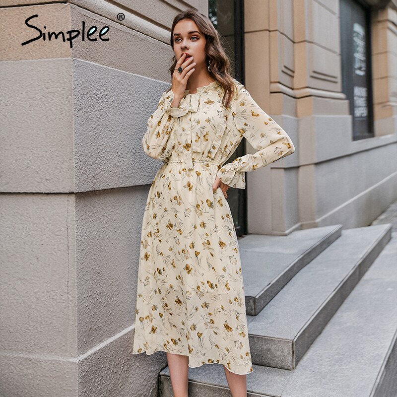 Simplee Elegante Bloemenprint Herfst Winter Vrouwelijke Jurk Causale Lace Up Lange Mouw Print Jurk Mode Vrouwen Jurk