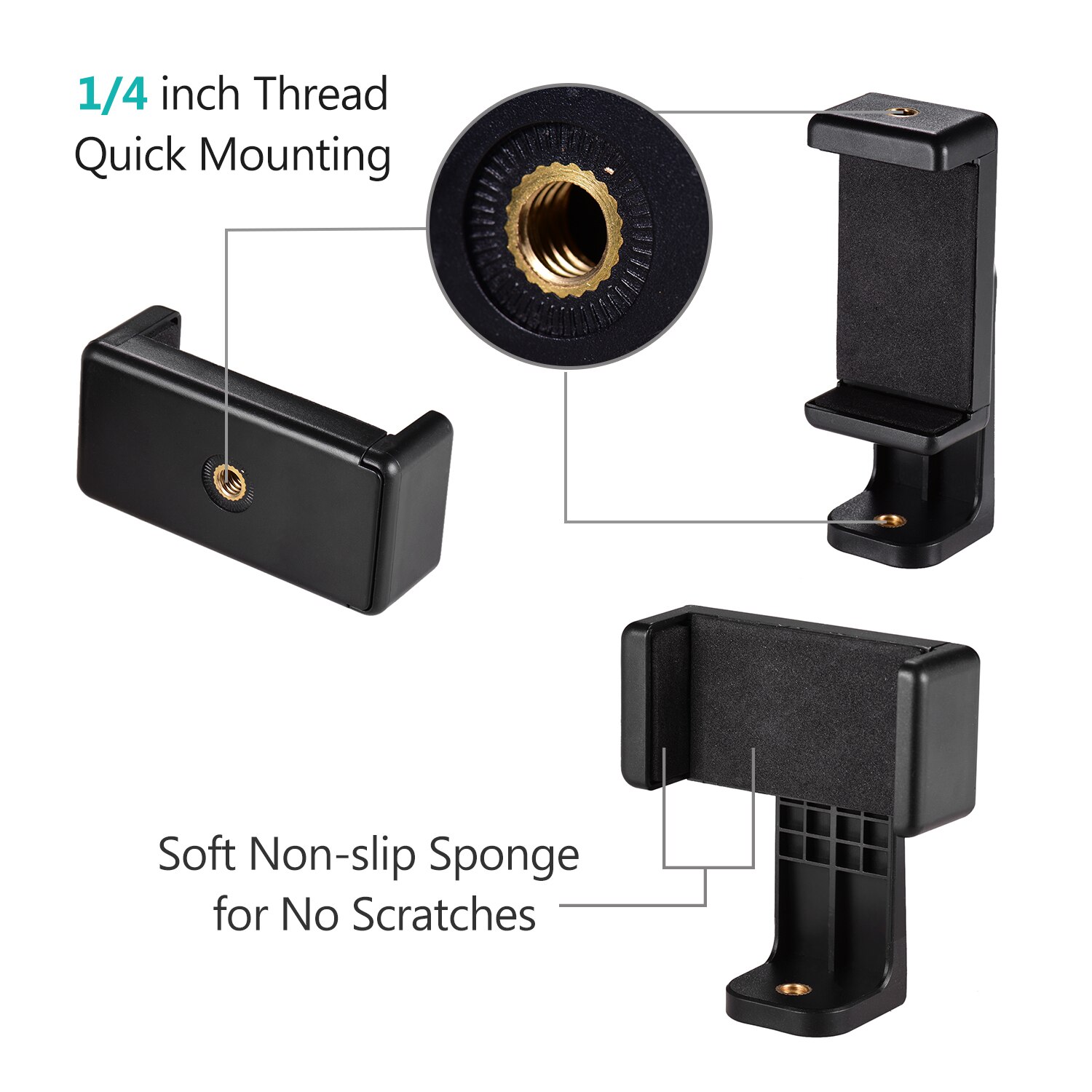 Smartphone Clamp Holder Phone Mount Adapter Phone Clip for Tripod Selfie Stick with Detachable Clamp 360 Rotatable 1/4 Thread