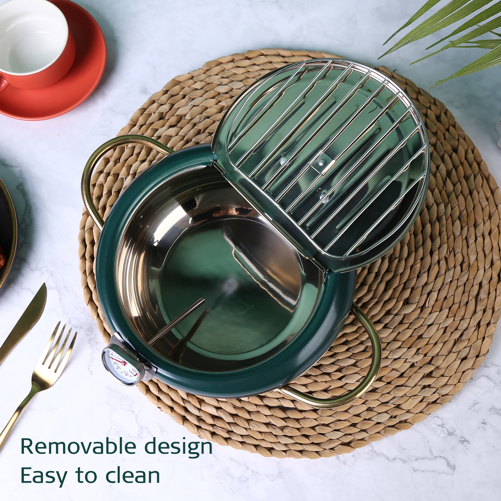 Japanese Deep Frying Pot with Thermometer Lid Oil Drip Drainer Rack 304 Stainless Steel Kitchen French Fries Tempura Fryer Pan