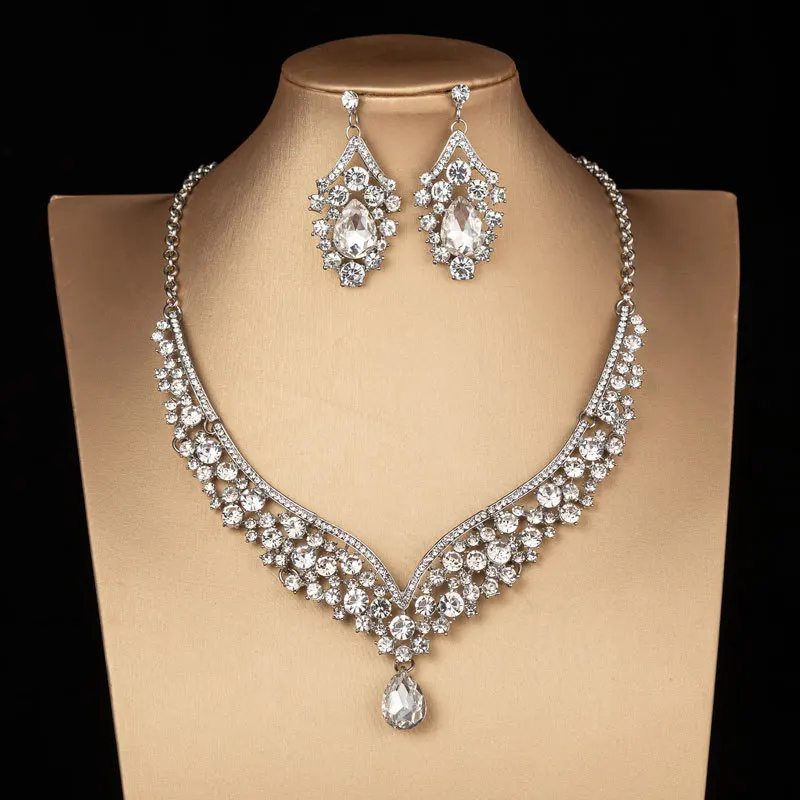 Luxe kristallen choker ketting en oorbellen set in ab-kleur met strass steentjes, bruidssieradenset voor bruid, bruiloft, feest, kostuum, bijoux femme: Geplatineerd