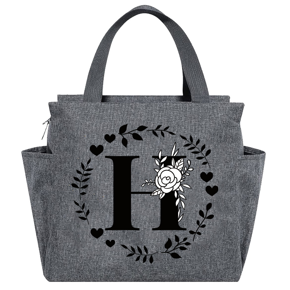Lunch Bag Aesthetic Thermal Bag Grey Color Pocket Cute Sweet Garland Letter Series Printing Tote Food Storage Bag Convenient Kid: Dark Grey