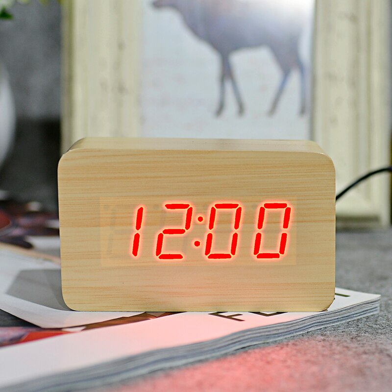 FiBiSonic Red series Thermometer LED Digital Clock,Sounds Control Wooden Alarm Clocks,Desktop Clock