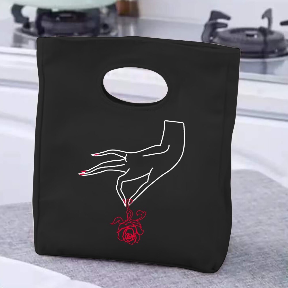 Lunch Bag Handle Insulation Cooler Bag Lunch Box Picnic Travel Portable Food Storage White Picture Printed Thermal Food Bag: Red