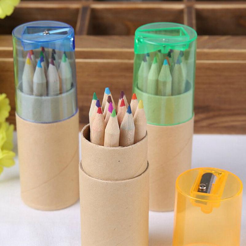 12 stk / pakke 12 farver dejlige mini-farvet blyant træmaleri farvede blyanter med slibepapir skolepapirtilbehør