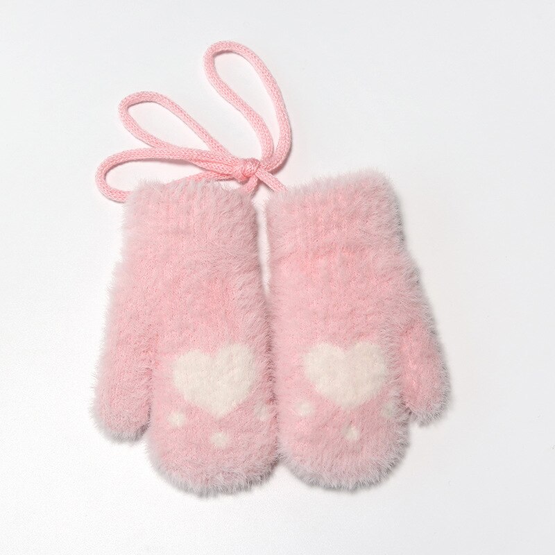 Warmom Karikatur Nette Hand-gedruckt Gestrickte Warme Handschuhe für Jungen Mädchen Gestrickte Wolle Neckholder Handschuhe freundlicher Handschuhe Winter warm: Rosa