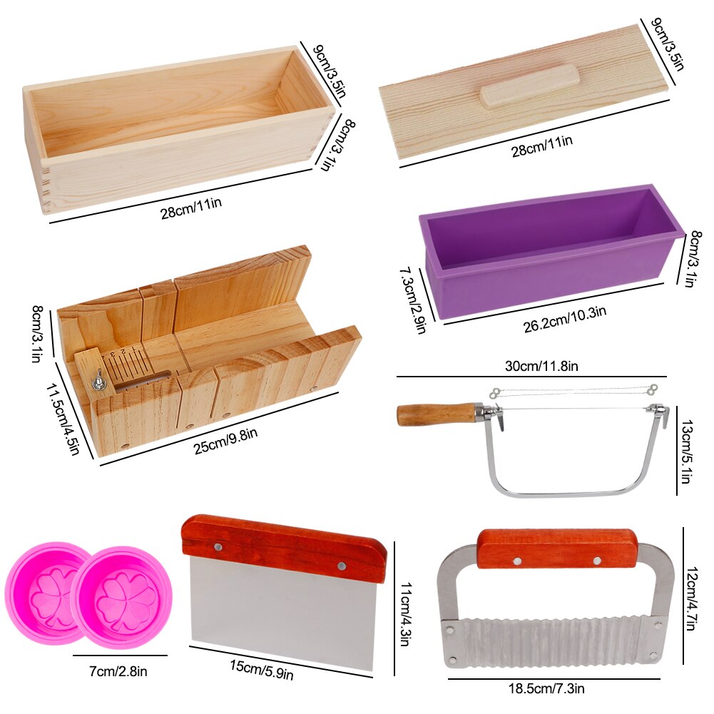 Rectangular Silicone Soap Mold Handmade Soaps Making Tool Set Adjustable Wooden Loaf Cutter Box with 2 Stainless Steel Cutters