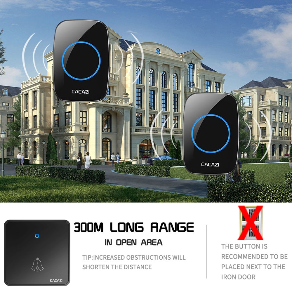 Cacazi trådløs dørklokke vandtæt 300m fjernbetjening natlysmodtager 2032 batterisender smart home ringeklokke 60 klokkespil 220v