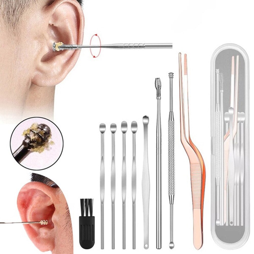 9Pcs Stainless Steel Spiral Ear Pick Spoon Earwax Removal with Box Ear Clean Tool Earpick Set Ear Care