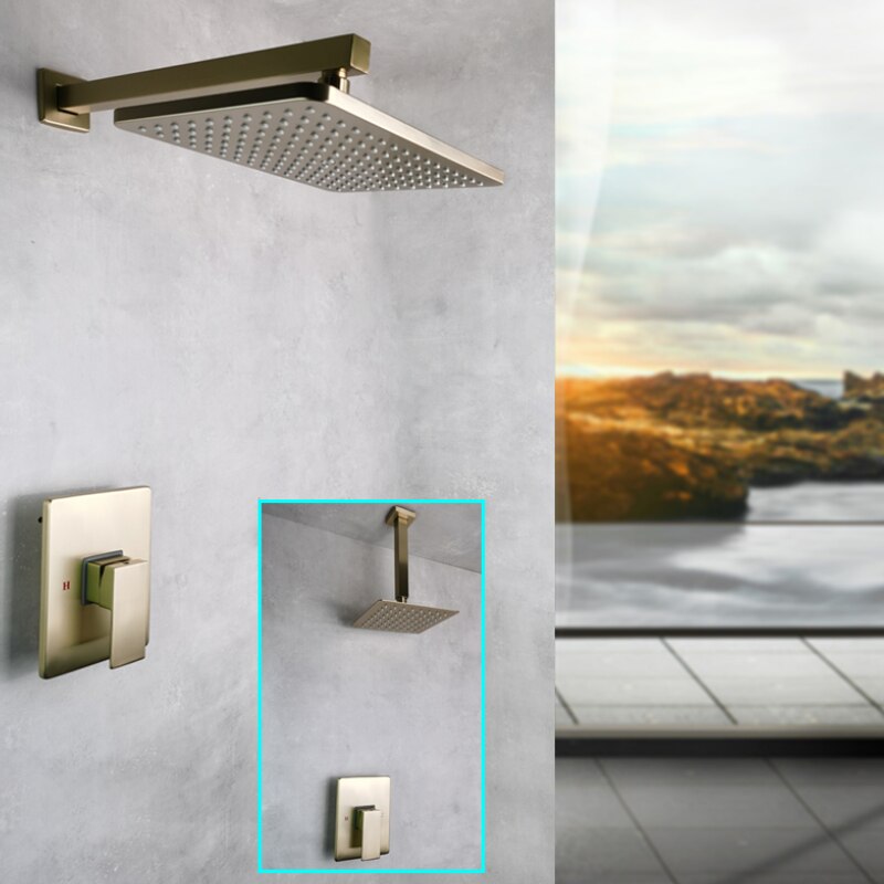 Overhead Shower Set Top Ultra Thin 8 Inch Shower Square Brushed Gold Set System Rain Waterfall 1 Function Swivel Shower Cold