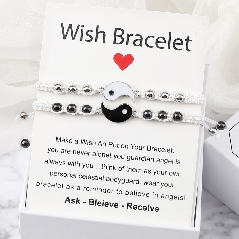 2 unids/set de pulsera trenzada Yin Yang Tai Chi, abalorio negro y blanco, pulseras ajustables a juego para parejas y joyería para amantes de la distancia Blangle