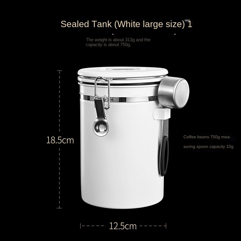 Vacuum Unidirectional Exhaust Coffee Bean Container with Spoon Airtight Jar Stainless Steel Canister Food Storage Containers: 1800ml white