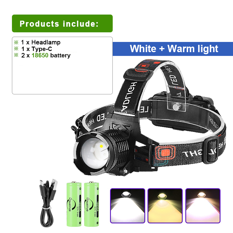 Warm/White Powerful LED Headlamp Fishing Headlight Rechargeable Head Flashlight High Power Outdoor 18650 Head Lamp Fishing Light: WHITE