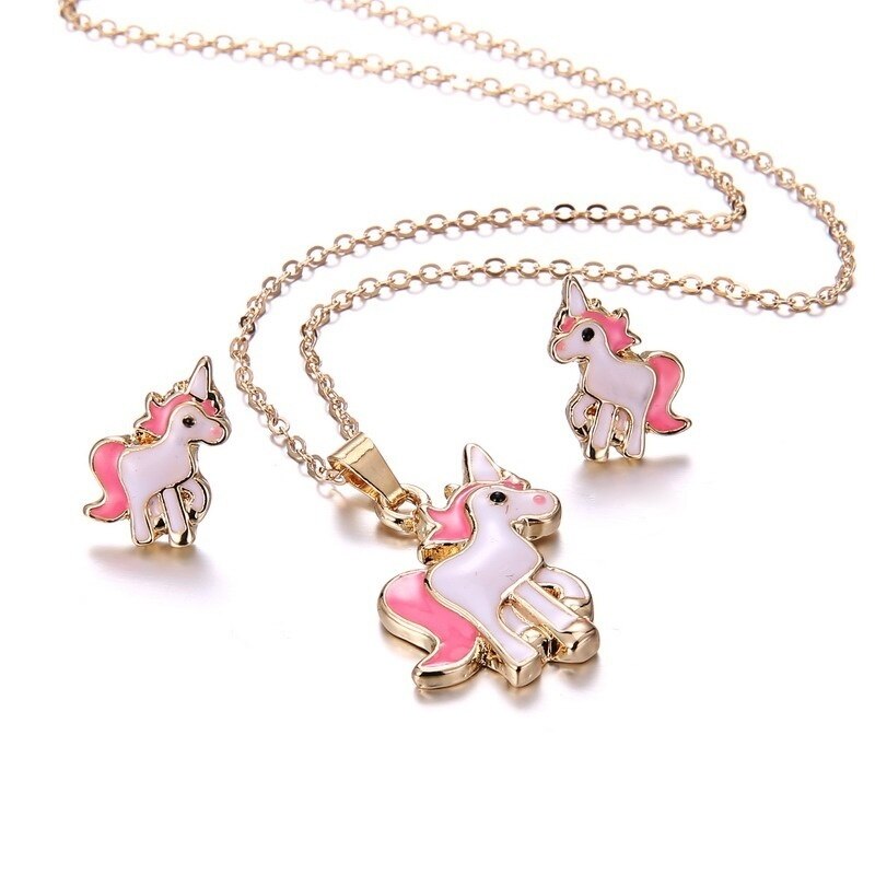 3 teile/satz Anhänger Halsketten Ring einstellen Rosa Pferd Einhorn Schmuck Zubehör Halsketten für Frauen Mädchen Bausätze Hochzeit Party