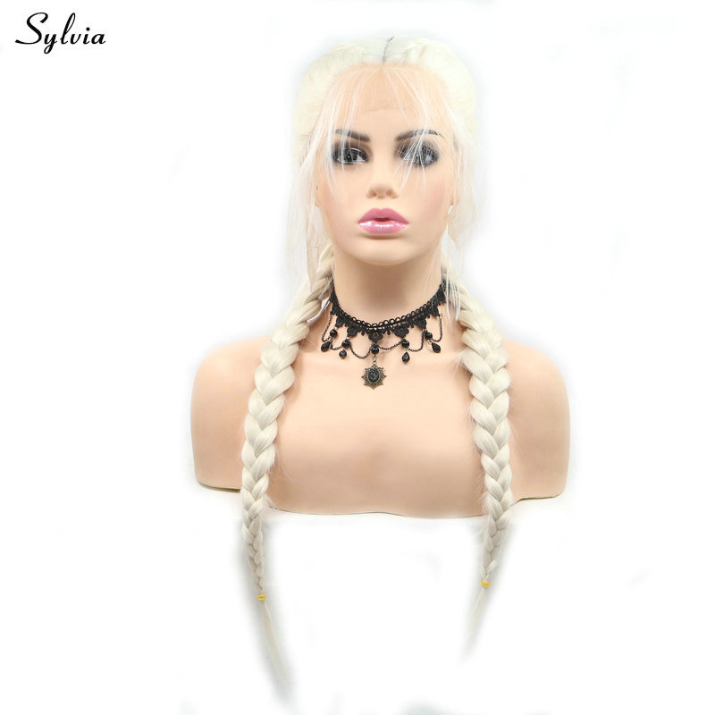 Sylvia 2x Twist Vlechten Pruik 613 # Pastel Blonde/60 # Witte Blonde/Paars Synthetische Kant met Baby Haar Dubbele Gevlochten Pruik
