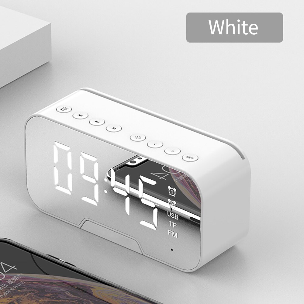 Bluetooth Speaker Met Fm Radio Led Spiegel Wekker Subwoofer Muziekspeler Snooze Desktop Klok Draadloze: white